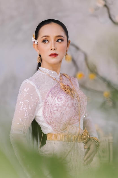 Photo beautiful thai girl in thai traditional costumebride thai girl beautiful