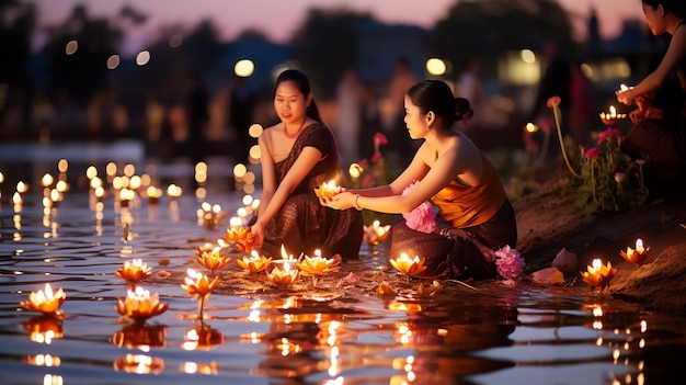 사진 태국 의 드레스 를 입은 아름다운 태국 여성 이 나무 배경 에 krathong generate ai 를 들고 있다