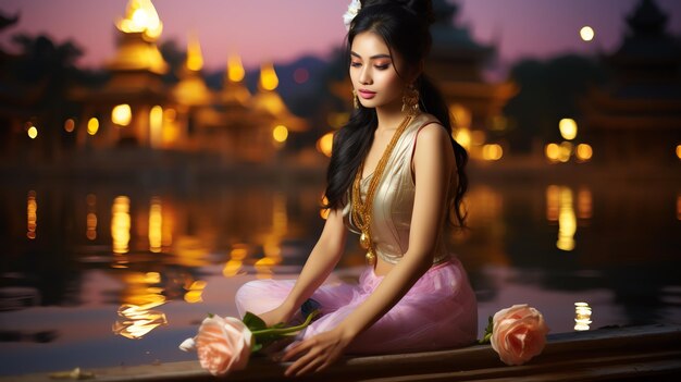 Foto bella donna thailandese in abito thailandese su uno sfondo di legno e con in mano un krathong generate ai