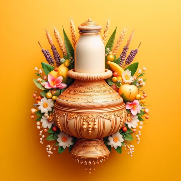 Photo beautiful thaipusam milk pot with arrangement on yellow background