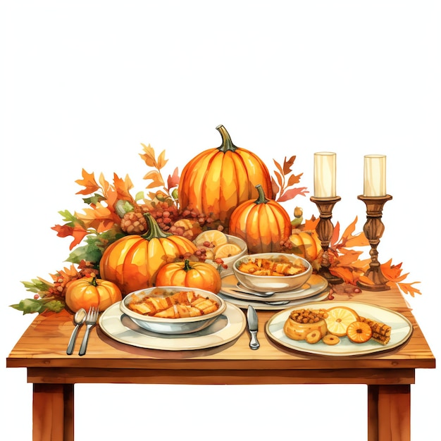 beautiful Thanksgiving dinner table setting watercolor clipart illustration