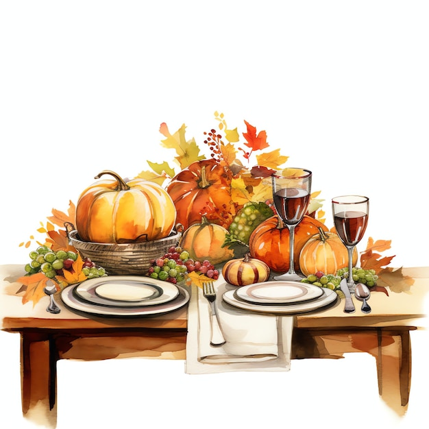 beautiful Thanksgiving dinner table setting watercolor clipart illustration