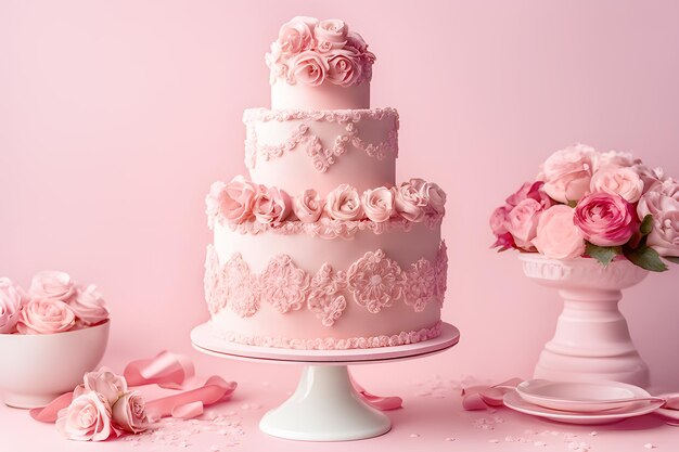 Beautiful threetier cake with flower decor and a vase of pink flowers photo Playground AI platform