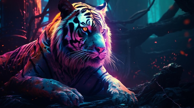 Beautiful tiger art sitting cave neon illustration image Ai generated art