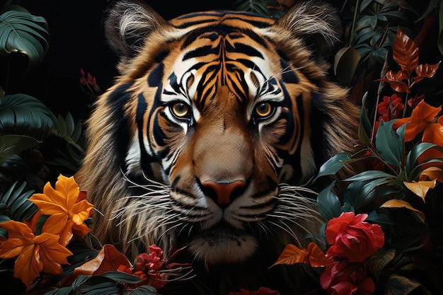 Beautiful tiger face with flowers and leaves on black background AI generative