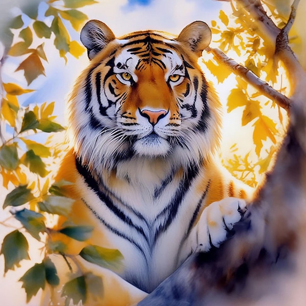 Beautiful tiger in the forest Watercolor painting on canvas