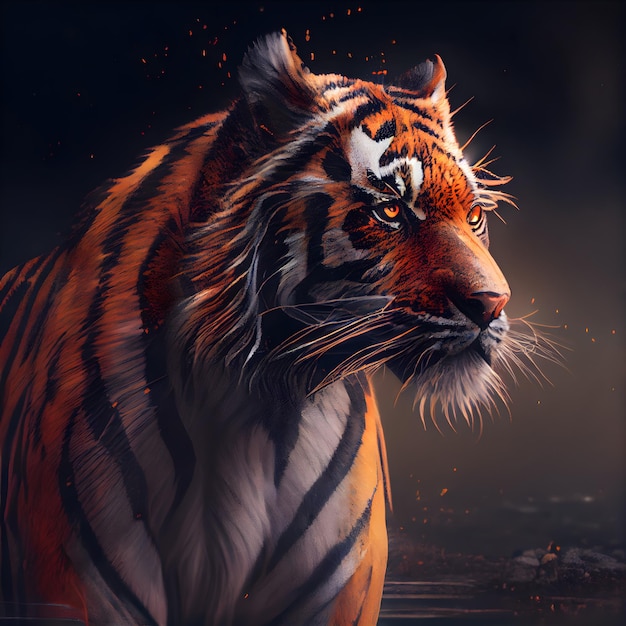 Beautiful tiger portrait in the dark 3D Rendering