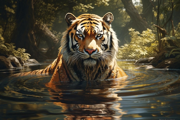 穏やかな水域に堂々と立つ美しい虎 生成 AI 強化ストック画像