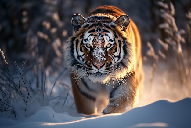 A beautiful tiger walks through the snow