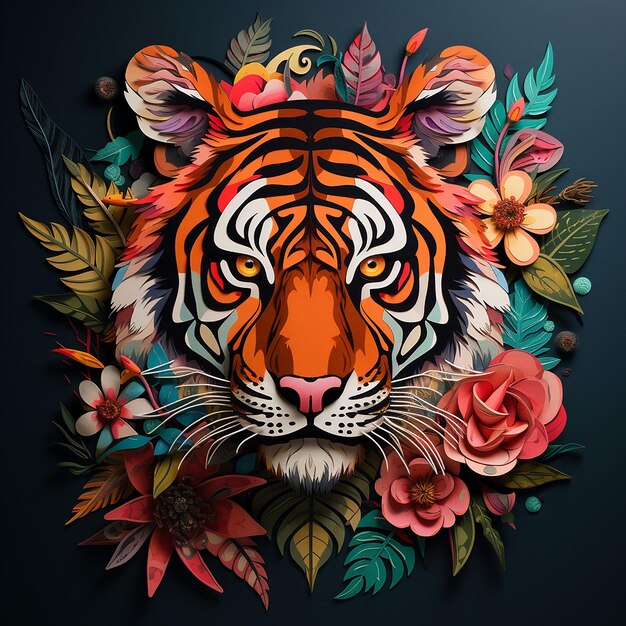 Photo beautiful tiger with flowers on a dark background ai generated