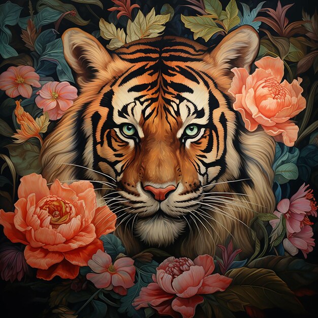 Photo beautiful tiger with flowers on a dark background ai generated