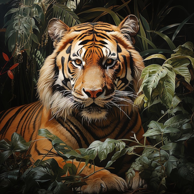 Beautiful tiger with flowers in the jungle 3Digital painting of a wild animal AI generative