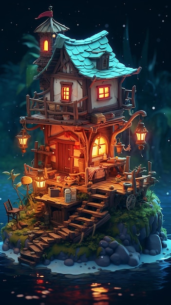 Beautiful tiny pirate house isometric digital illustration AI Generated Photo