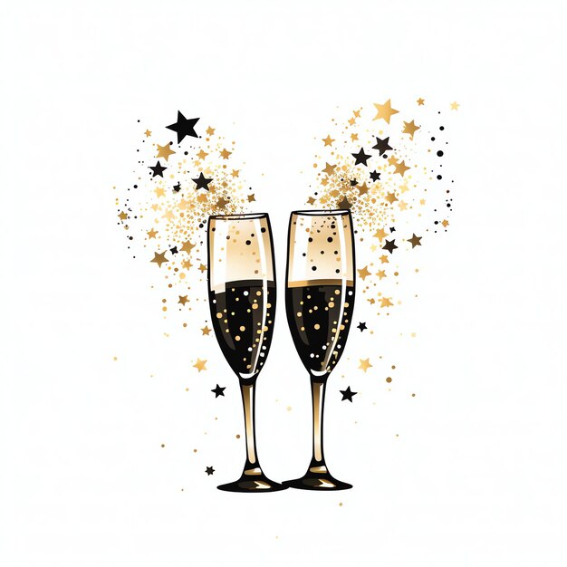 beautiful Toasting champagne glasses with stars watercolor for celebration new year clipart