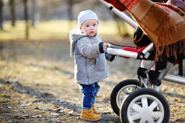 暖かい春の日に野外を歩いている彼のベビーカーと遊ぶ美しい幼児男の子