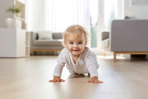 家でハイハイする美しい幼児 ミニマルな素晴らしいきれいな