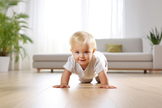 家でハイハイする美しい幼児 ミニマルな素晴らしいきれいな