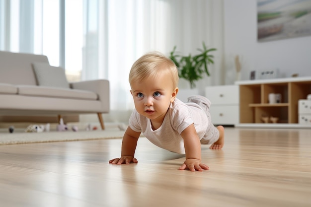 家でハイハイする美しい幼児 ミニマルな素晴らしいきれいな