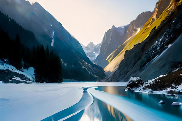 Foto splendide colline in cima alla montagna e vista sul fiume con la neve che cade sul lago e la giornata di sole invernale ai generativa