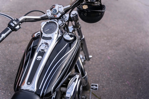 Beautiful top view of the motorcycle, motorcycle gas tank, motorcycle flatbar, shiny chrome, gas handle.