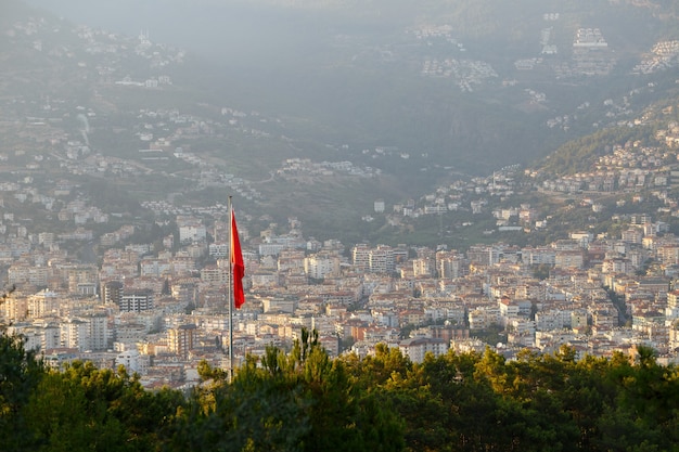 Beautiful tourist city in Turkey, view of Alanya with the sea