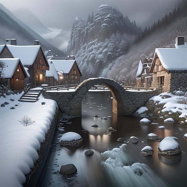 눈 덮인 날씨를 배경으로 아름다운 마을