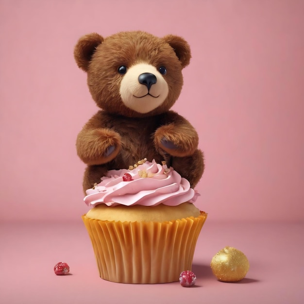 Beautiful toy bear on cupcake