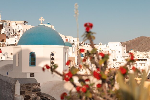 Beautiful and traditional blue domes in Santorini Greece