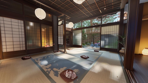 A beautiful traditional Japanese room with tatami mats and a tokonoma