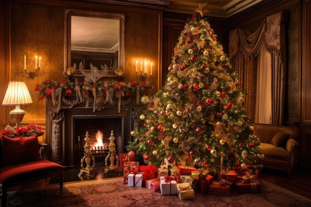 A beautiful and traditional tree surrounded by presents and candles