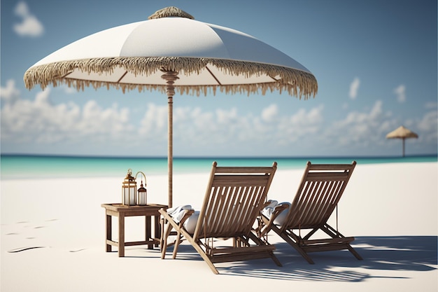 Beautiful tranquil white sand beach with two beach chair and thatched umbrella romantic summer vacation at tropical private island for luxury sea resort advertising background