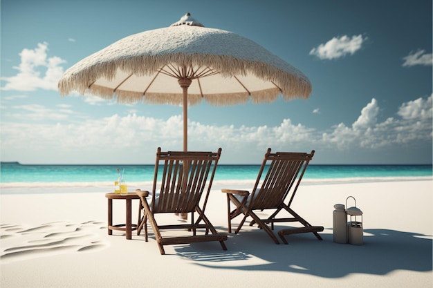 Beautiful tranquil white sand beach with two beach chair and thatched umbrella romantic summer vacation at tropical private island for luxury sea resort advertising background