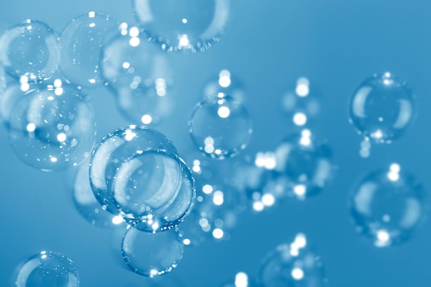 Beautiful Transparent Blue Soap Bubbles Background.