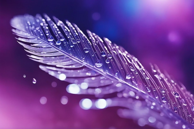 Beautiful transparent drops of rain water on a feather on a blue and violet background