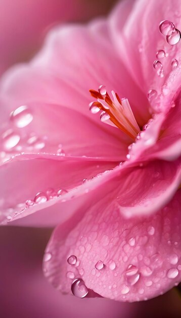 Beautiful transparent drops of water or dew with sun glare on petal of pink peony flower macro