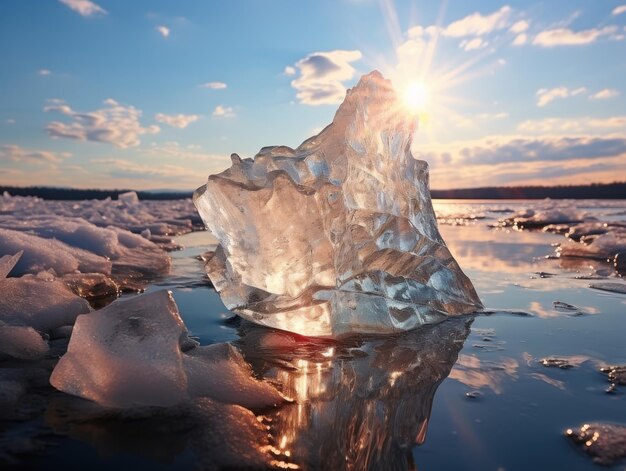 写真 空と明るい太陽に対する湖の美しい透明な氷片