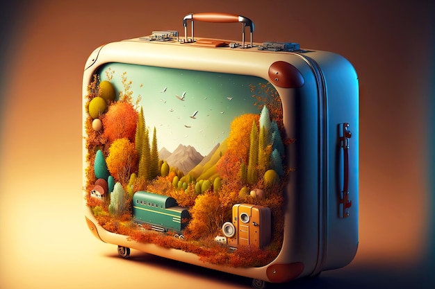 Beautiful travel suitcase with natural landscape pattern