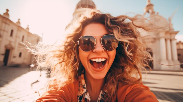 Beautiful traveler caucasian girl in trendy clothes make selfie smiling at camera close up self