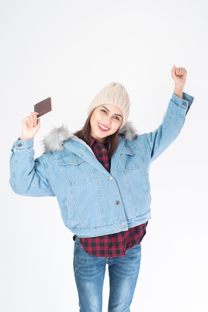 Beautiful traveller woman on white background 