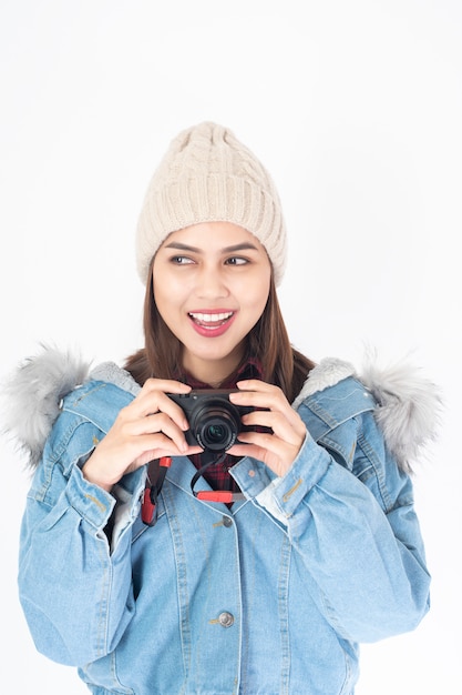 Beautiful traveller woman on white background 