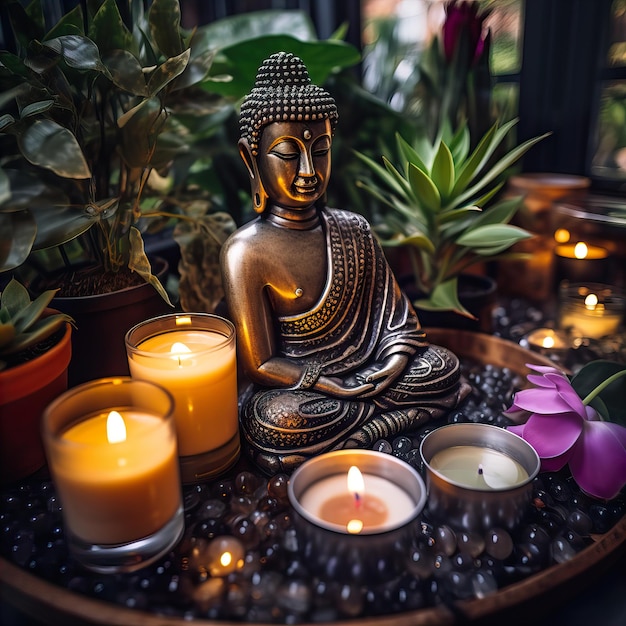 Beautiful tray decor with green plants and burning candles in cozy home interior mindfulness house d