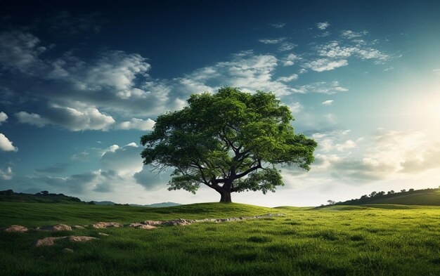 Beautiful tree in the middle of a field covered with grass with the tree line in the background