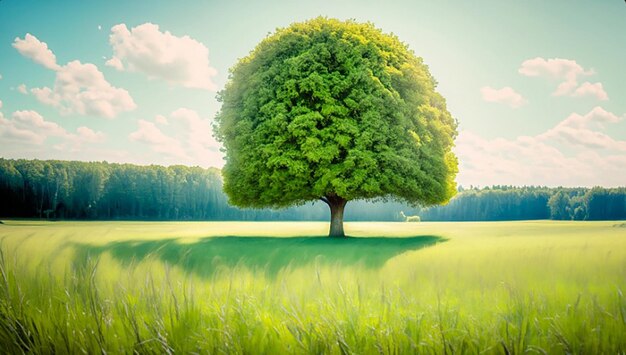 Beautiful tree in the middle of a field covered with grass with the tree line in the background