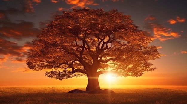 Beautiful tree at sunset vibrant orange with free cop generative ai