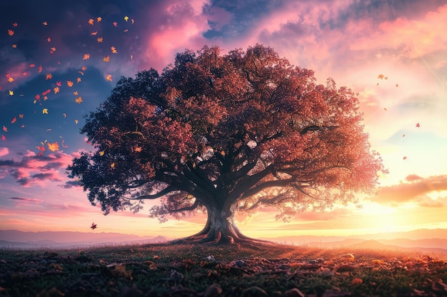 Beautiful tree at sunset with copy space Fantasy travel background