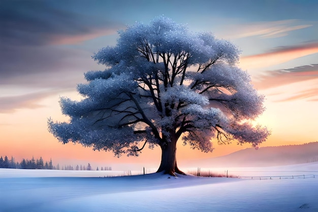 beautiful tree in winter landscape in late evening in snowfall digital art illustration painting