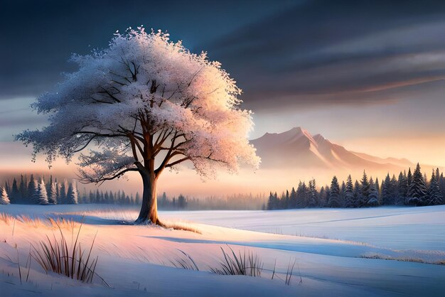 Beautiful tree in winter landscape in late evening in snowfall digital art illustration painting