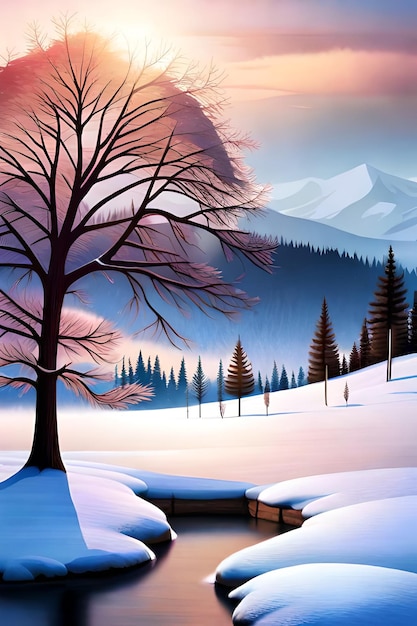 beautiful tree in winter landscape in late evening in snowfall digital art illustration painting