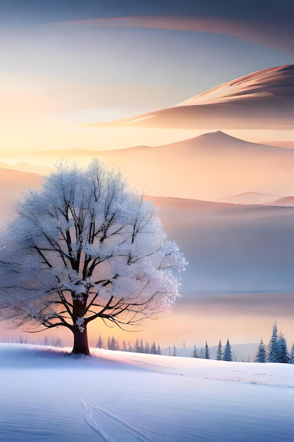 beautiful tree in winter landscape in late evening in snowfall digital art illustration painting