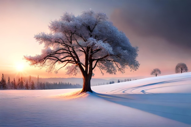 beautiful tree in winter landscape in late evening in snowfall digital art illustration painting